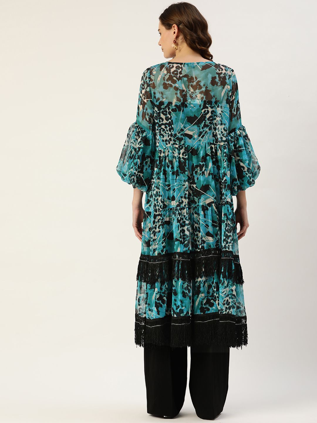 Antheaa Women Blue & Black Printed Party Longline Tie-Up Lace Tiered Shrug