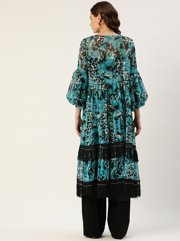 Antheaa Women Blue & Black Printed Party Longline Tie-Up Lace Tiered Shrug