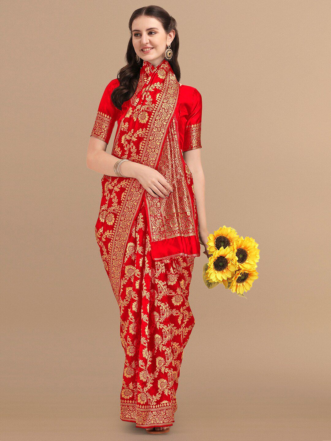 KALINI Red & Golden Floral Zari Silk Blend Banarasi Saree