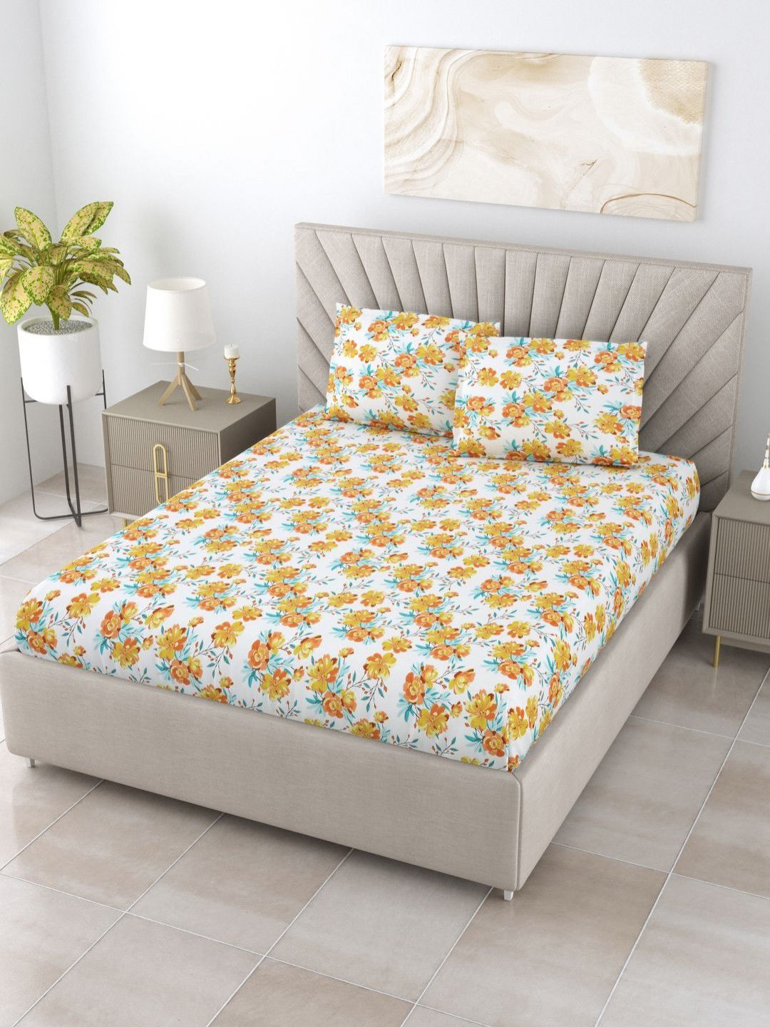 BOMBAY DYEING Florentine Brown Floral Pure Cotton 144TC Queen Bedsheet Set 2.28 m X 2.54 m