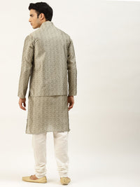 SOJANYA Men Grey Ethnic Motifs Woven Design Kurta with Churidar & Nehru Jacket