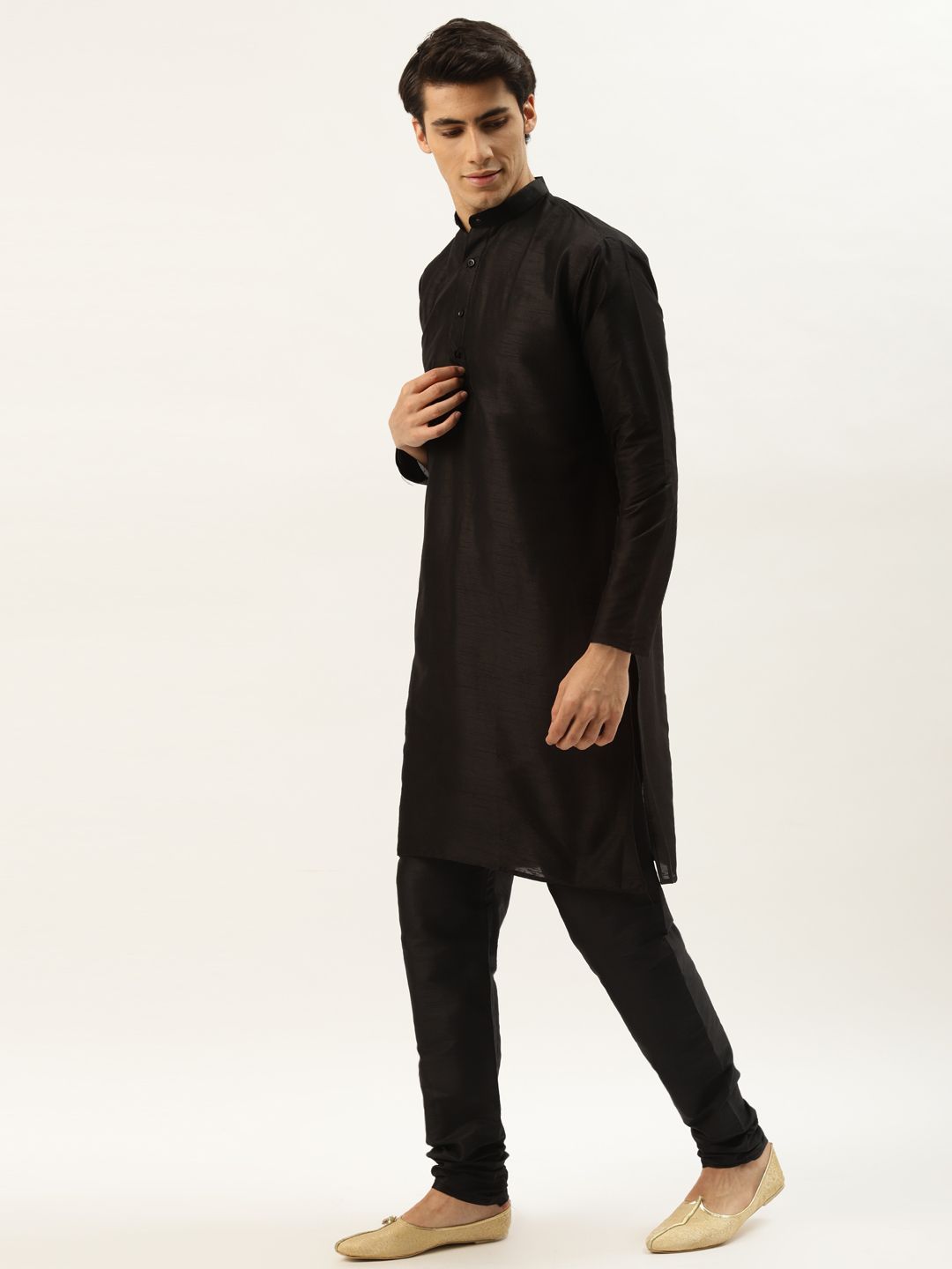 SOJANYA Men Green & Black Ethnic Motifs Jacquard Kurta and Churidar with Nehru Jacket