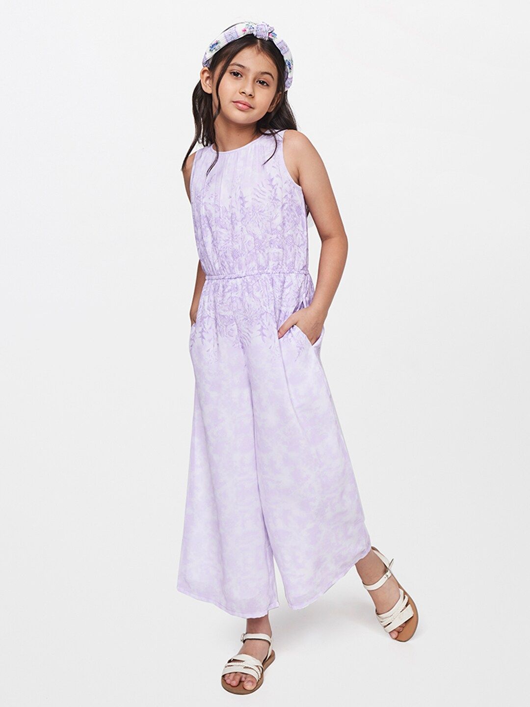 AND Girls lavender Floral Printed Basic Jumpsuit