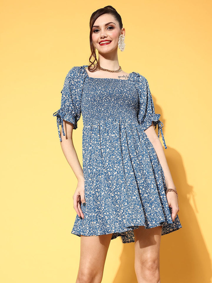 Berrylush Women Blue Floral Volume Play Dress