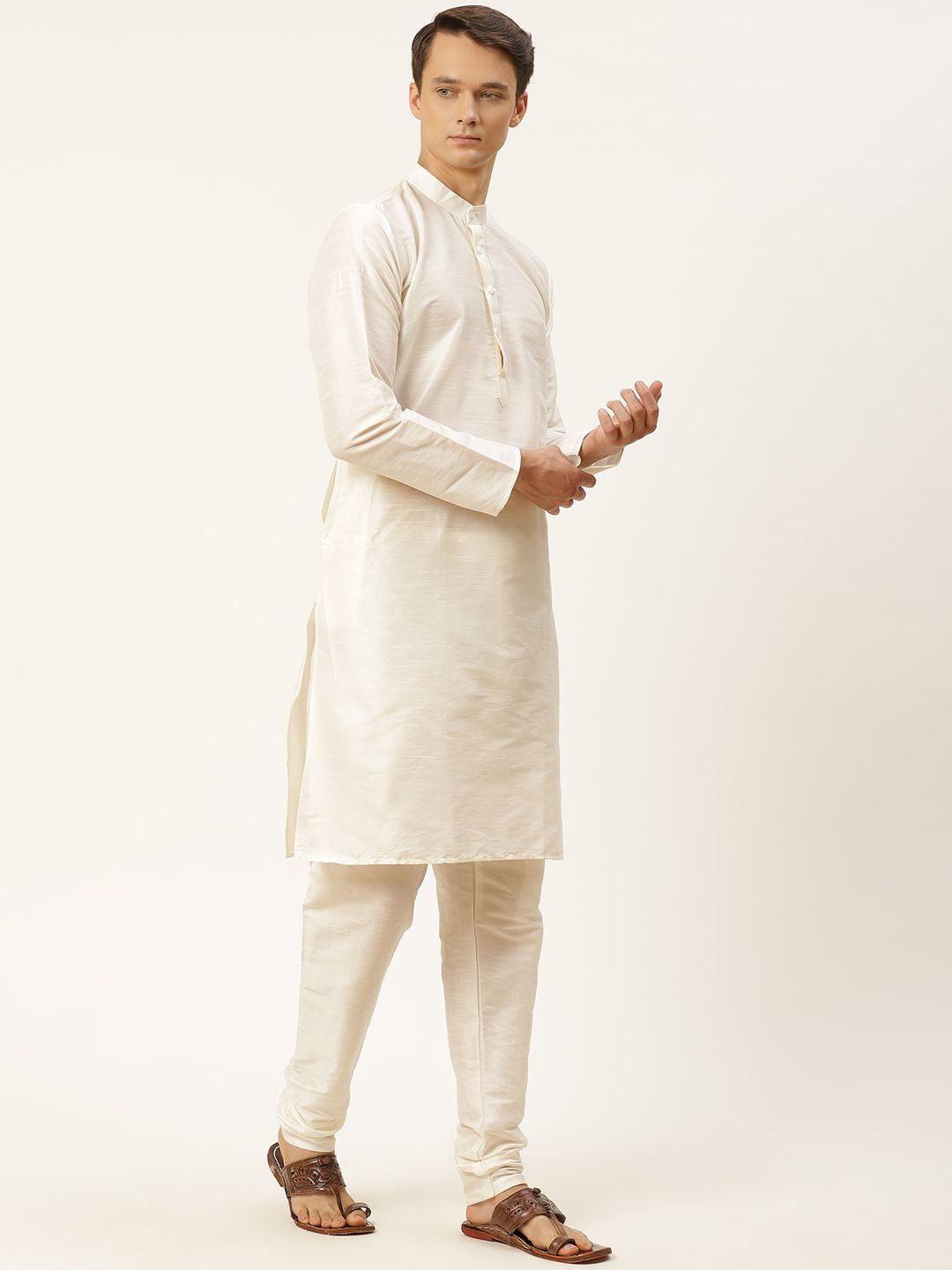 SOJANYA Men Off White & Maroon Ethnic Motifs Print Kurta & Churidar with Tailored Jacket