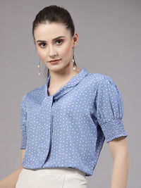 Style Quotient Polka Dots Printed Smocked Tie-Up Collar Puff Sleeves Top