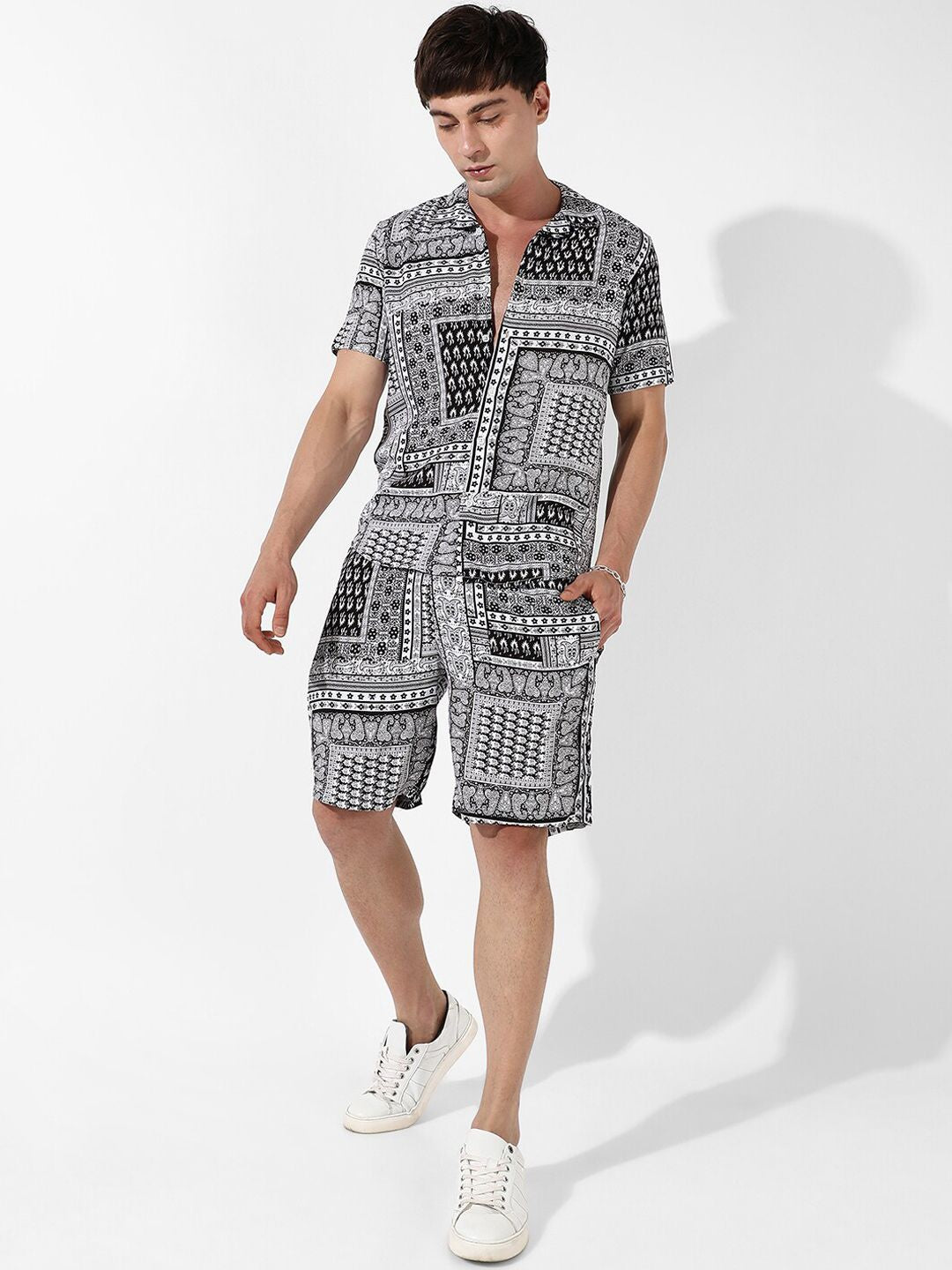 Campus Sutra Men Black & White Bohemian Printed Shirt Collar Co-Ord
