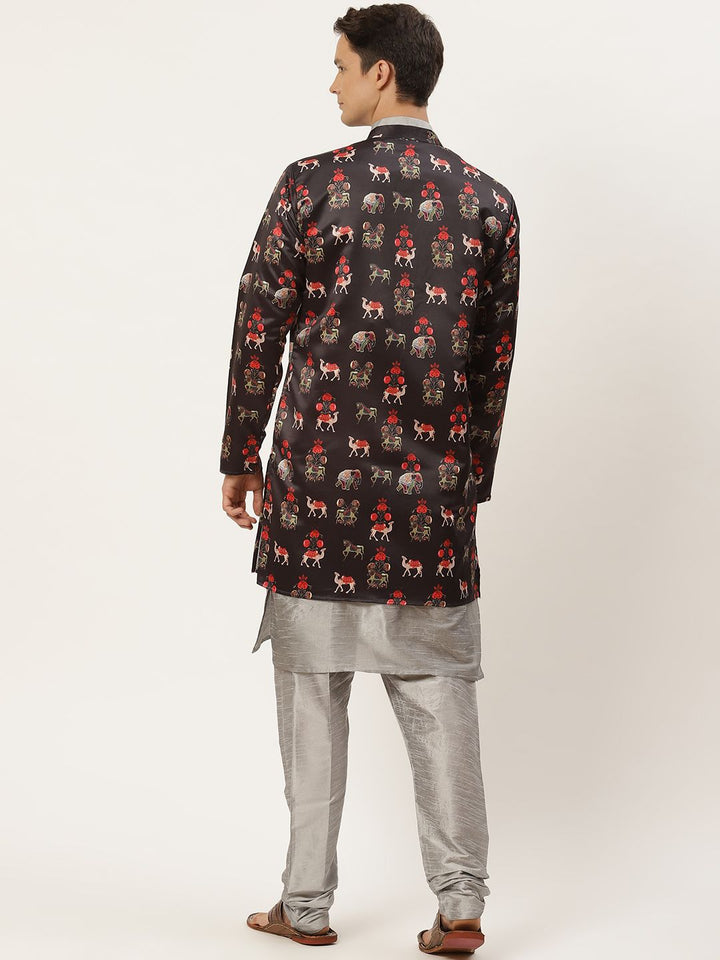 SOJANYA Men Grey Solid Kurta with Churidar & Ethnic Jacket