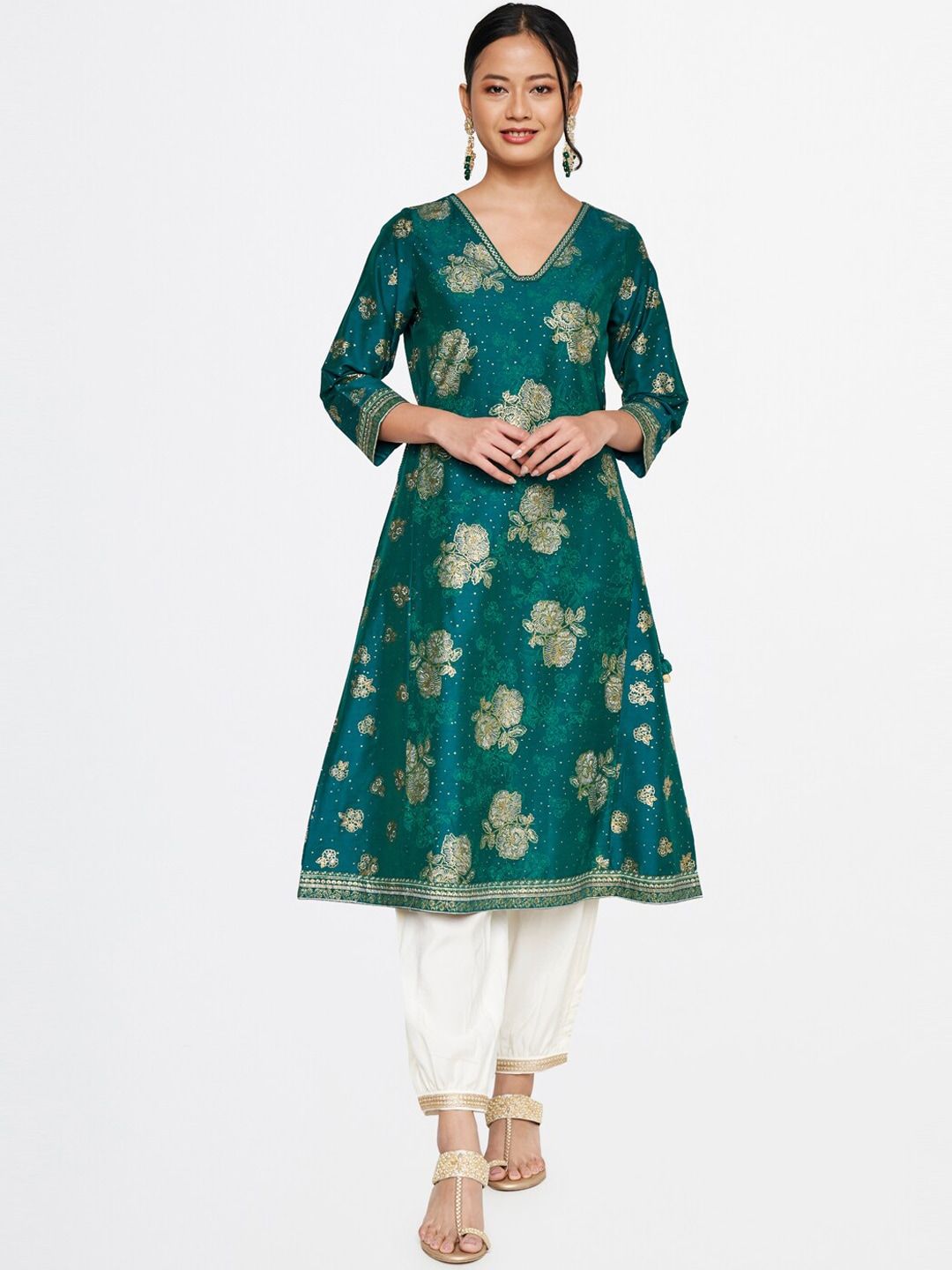 Global Desi V-Neck Floral Printed Anarkali Kurta