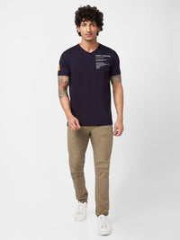 SPYKAR Typography Printed V-Neck Slim Fit Cotton Casual T-Shirt