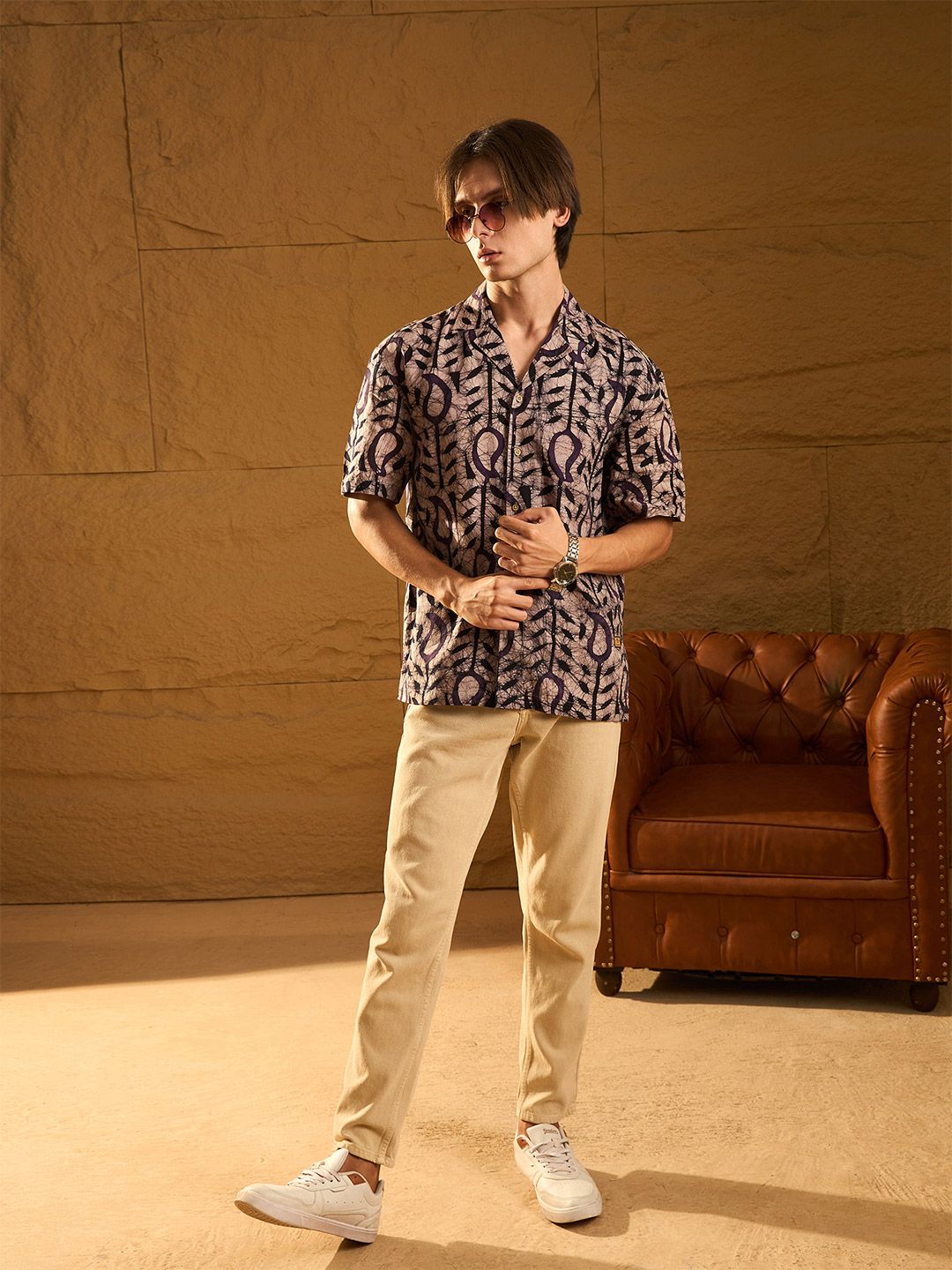 DENNISON Block Printed Oversized Pure Cotton Casual Shirt