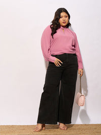 SASSAFRAS Curve Plus Size Keyhole Neck Cuffed Sleeves Georgette Top