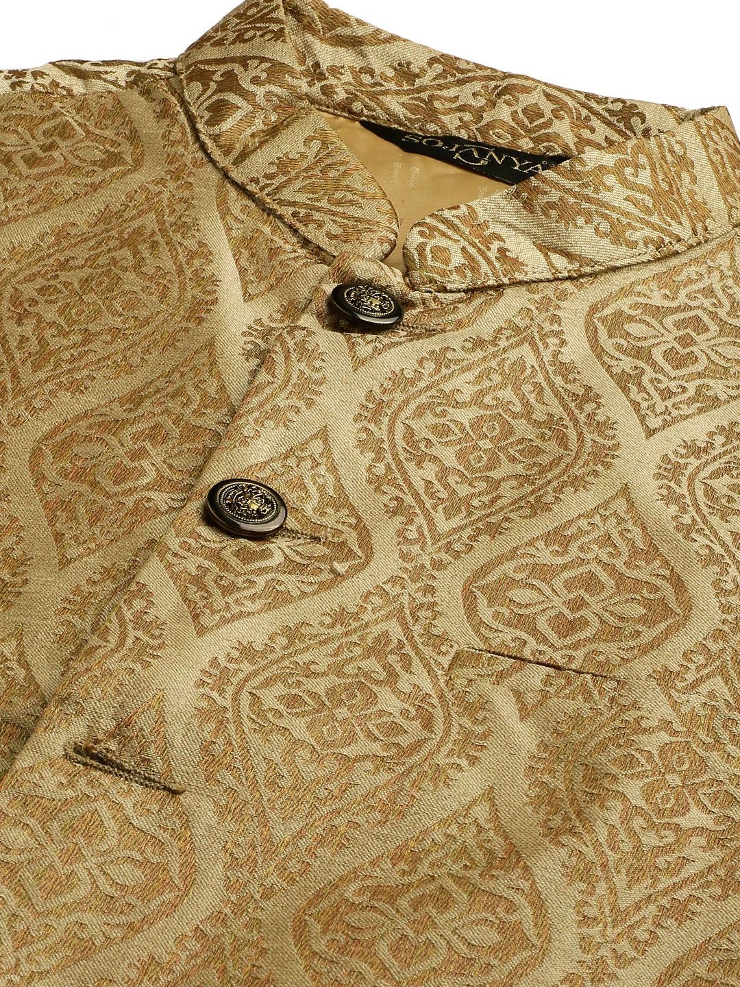 SOJANYA Set Kurta Motif Etnik Beige Lelaki Dengan Jaket Nehru