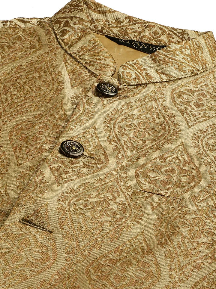 SOJANYA Set Kurta Motif Etnik Beige Lelaki Dengan Jaket Nehru