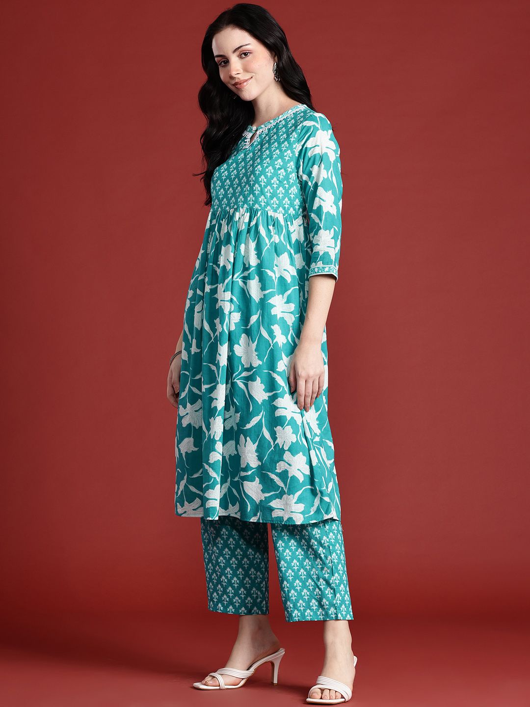 Anouk Printed Pleated Kurta with Trousers & Dupatta