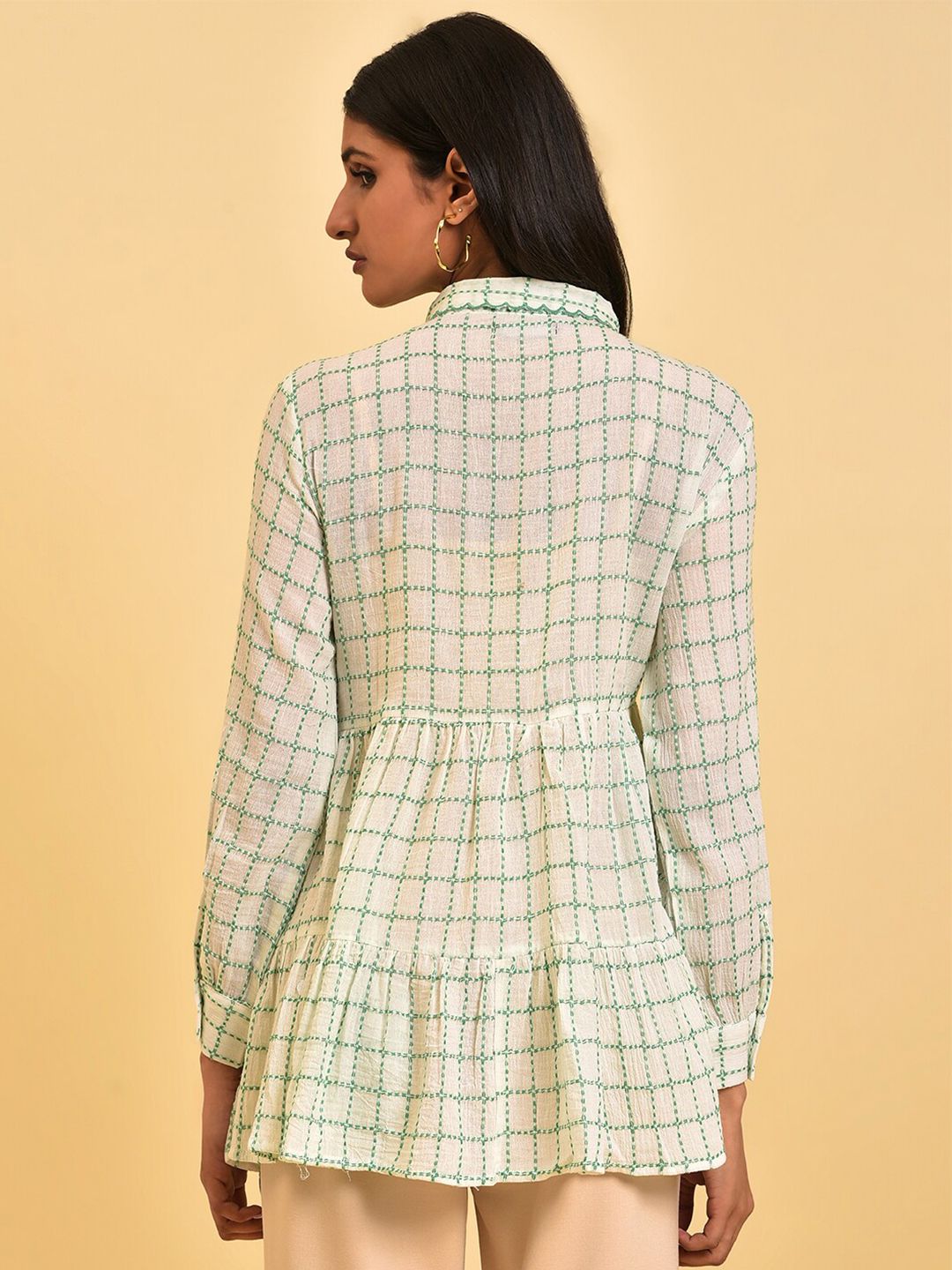 W White Checked Pure Cotton Shirt Style Top