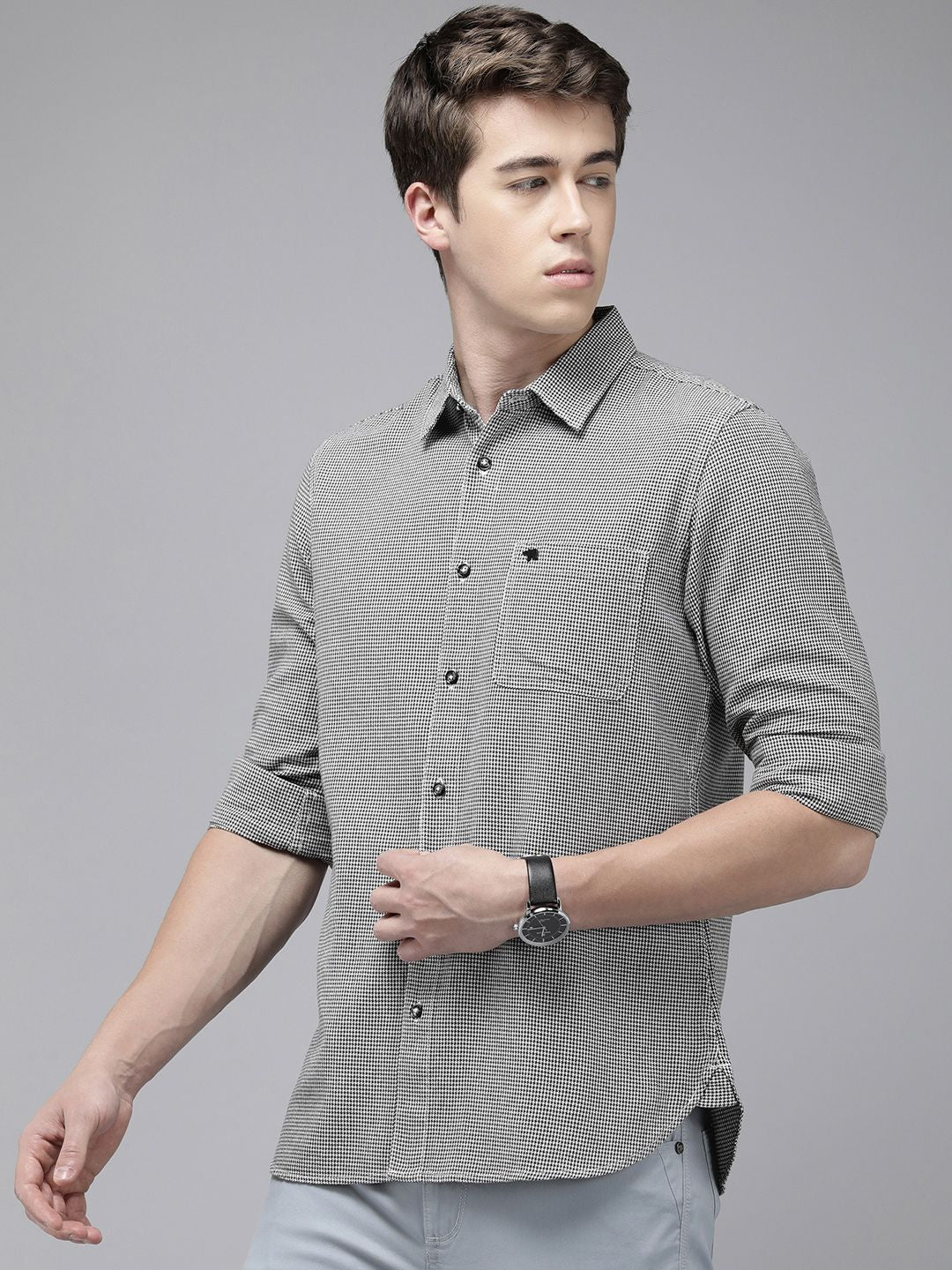 THE BEAR HOUSE Men Slim Fit Opaque Houndstooth Checked Pure Cotton Casual Shirt