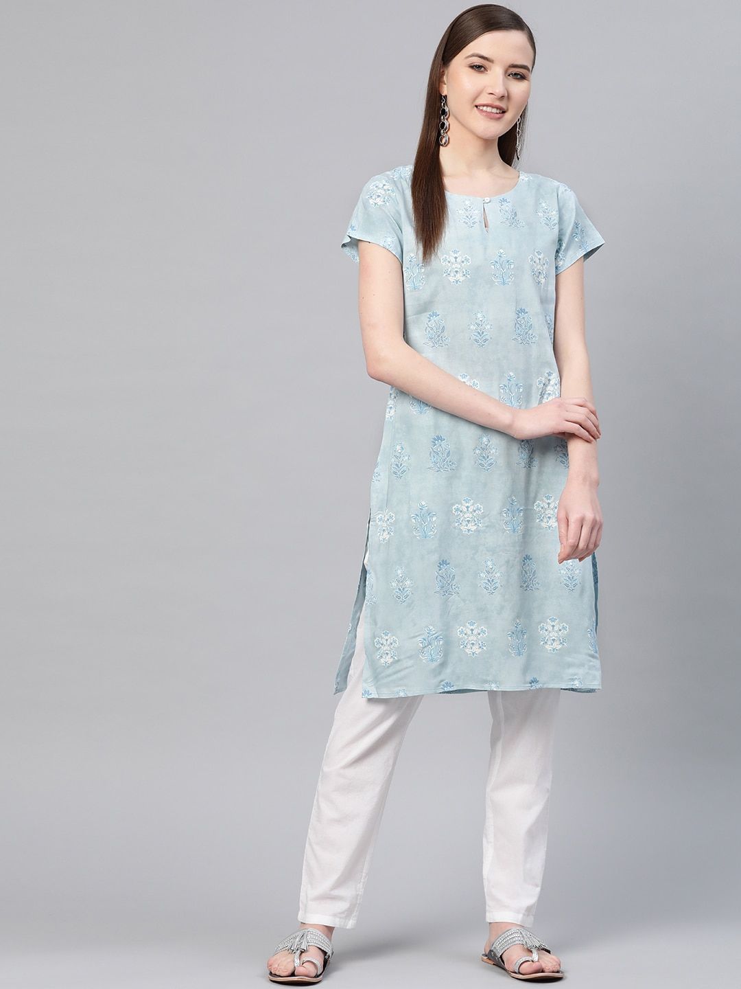 W Women Blue Printed Straight Kurta