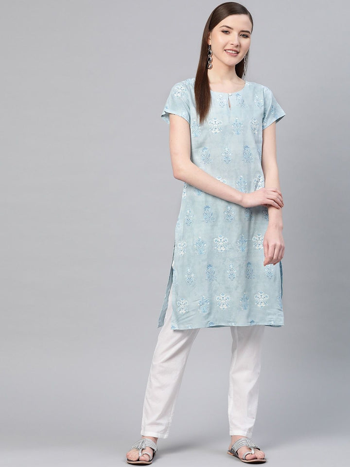 W Women Blue Printed Straight Kurta
