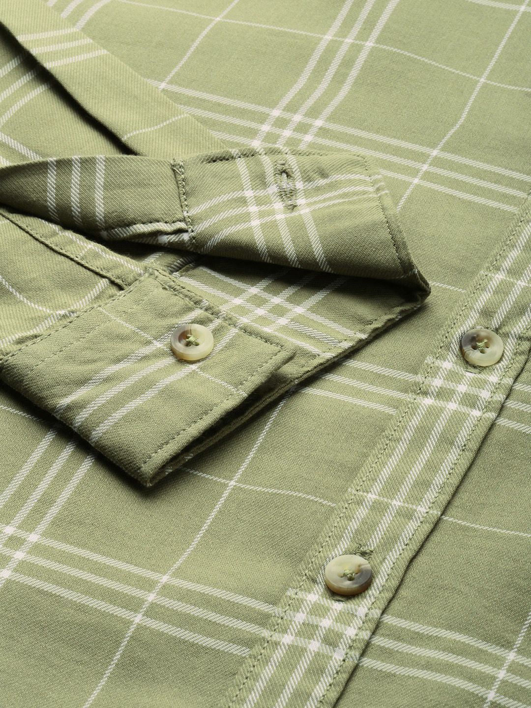 The Indian Garage Co Men Green & White Pure Cotton Checked Casual Shirt