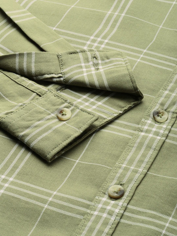 The Indian Garage Co Men Green & White Pure Cotton Checked Casual Shirt
