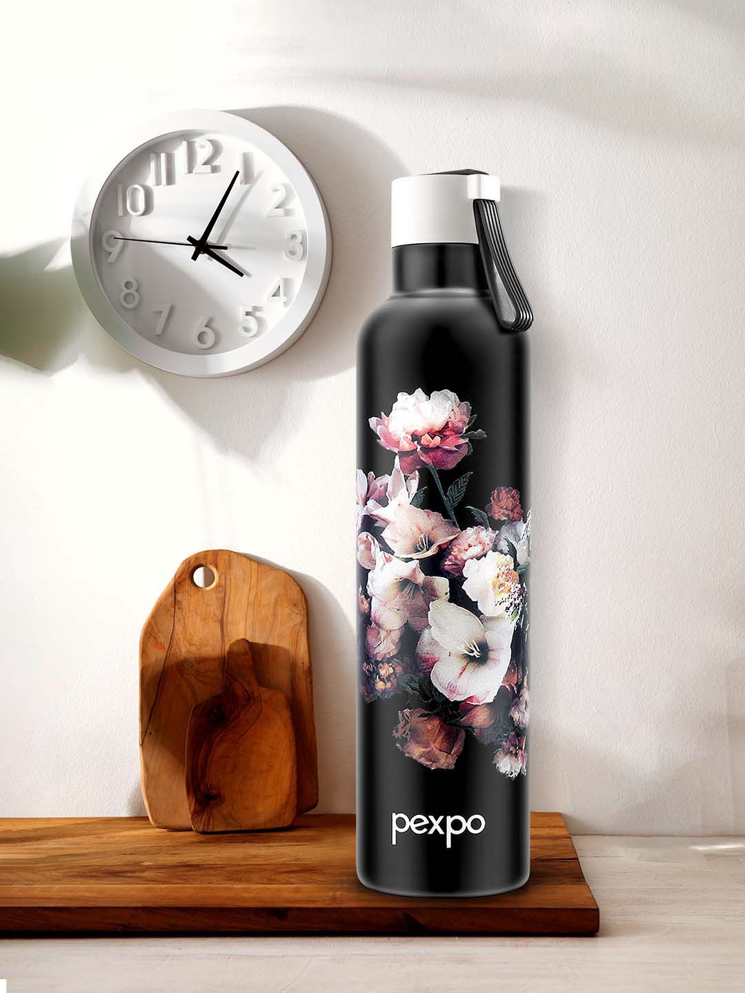 Pexpo Black OSLO-ISI Certified Thermosteel Floral Hot and Cold Flask Water Bottle 750 ml