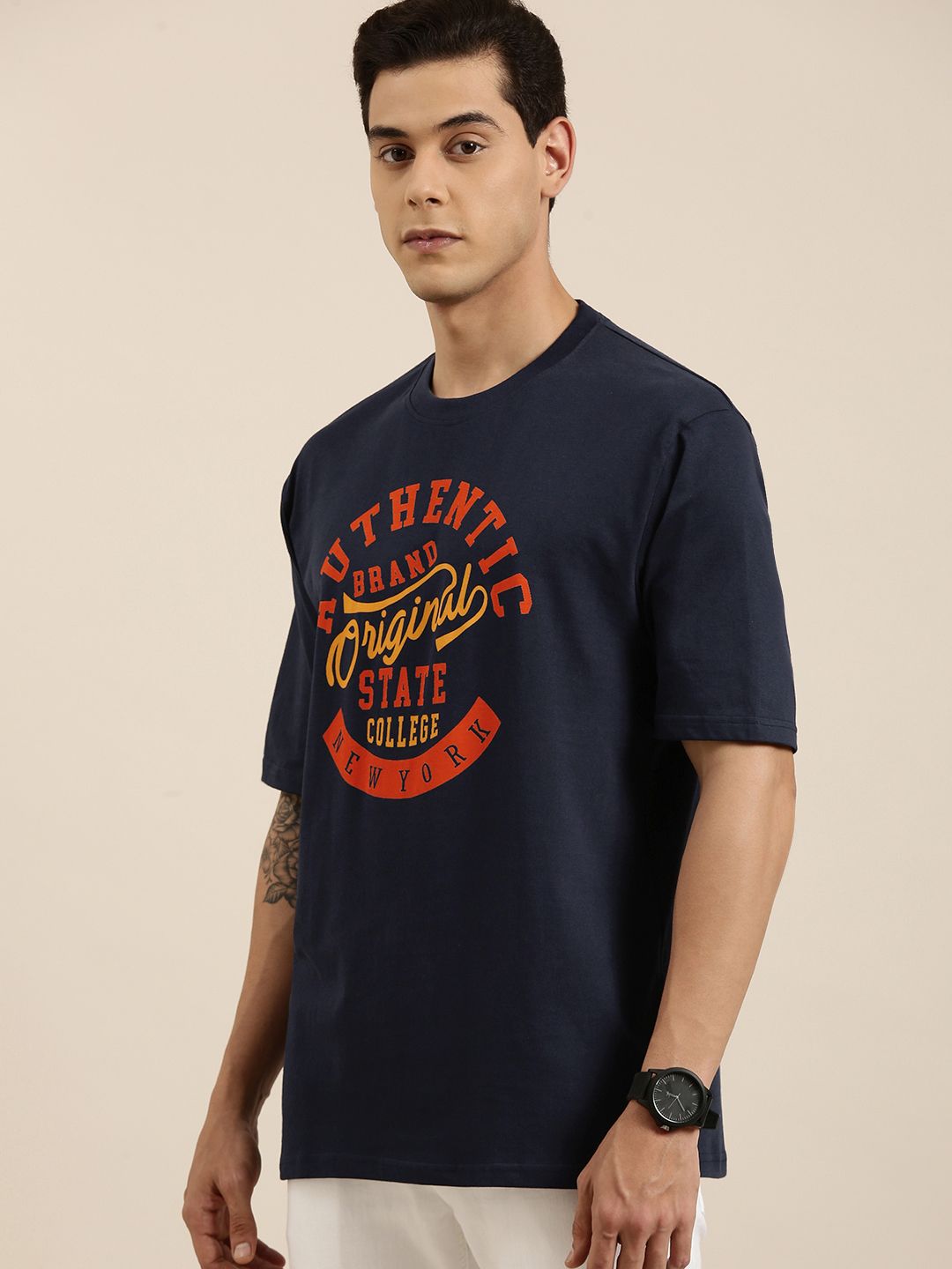 DILLINGER Men Navy Blue Typography Printed Pure Cotton Oversized T-shirt