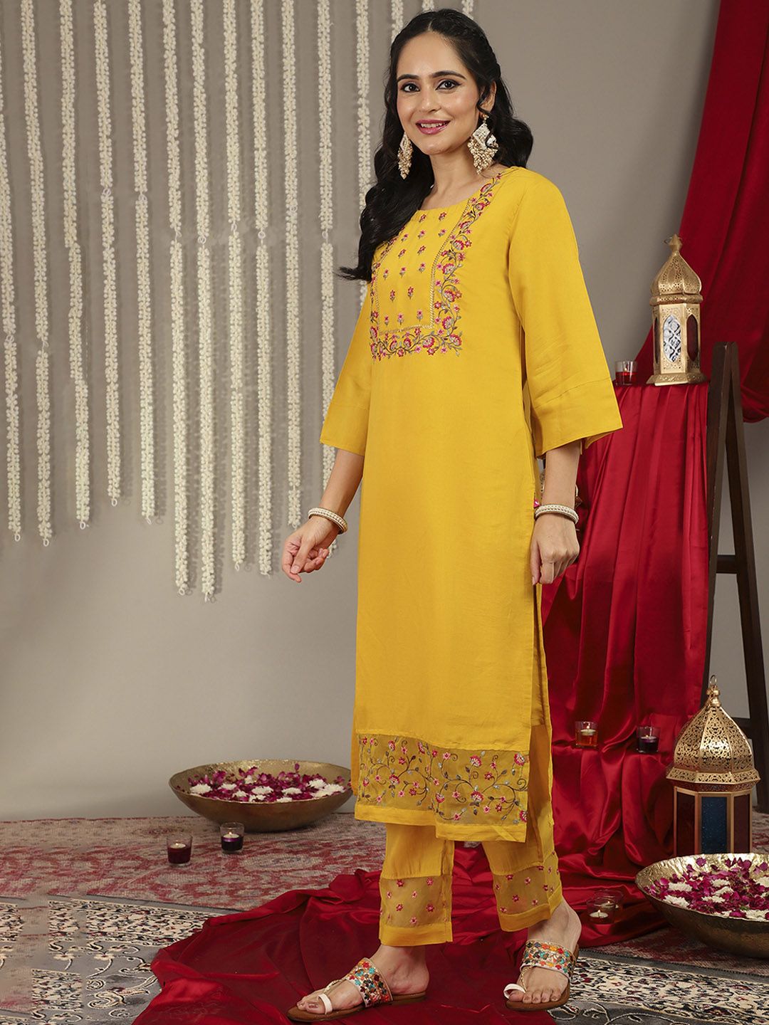 Varanga Women Floral Yoke Design Kurta with Trousers & Dupatta