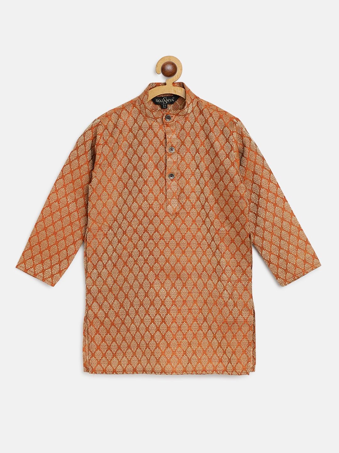 SOJANYA Boys Orange & Golden Ethnic Motifs Jacquard Straight Kurta