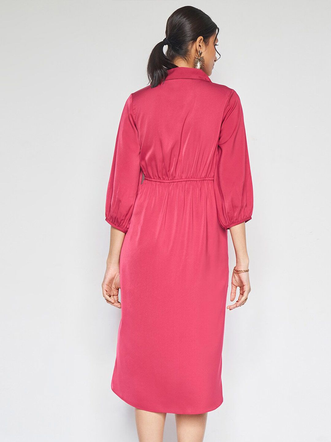 AND Shirt Collar Puff Sleeves Tulip Wrap Dress