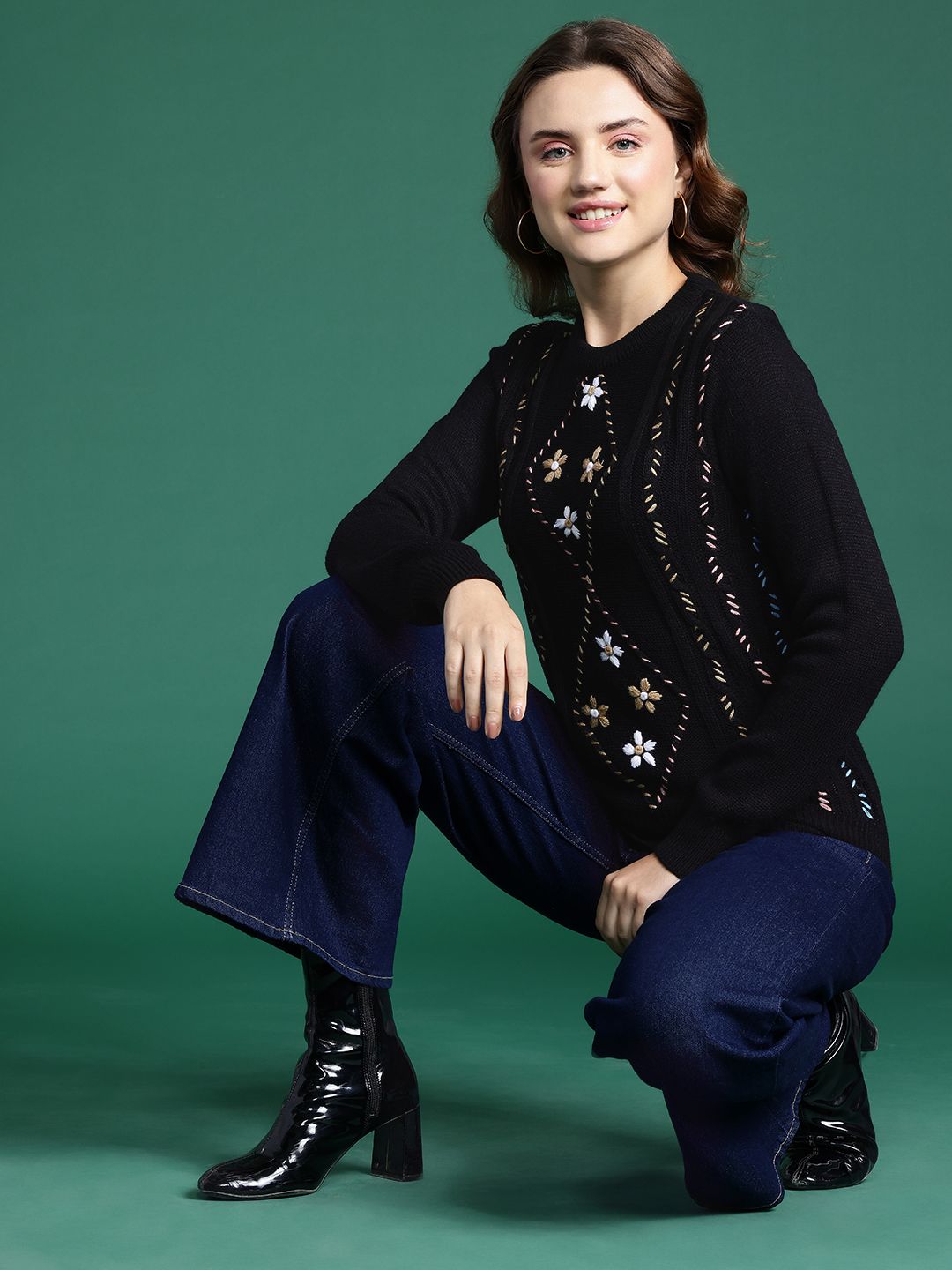 DressBerry Acrylic Floral Self Design Pullover