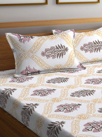 KLOTTHE White Ethnic Motifs Cotton 300 TC King Fine Bedsheet with 2 Pillow Covers-98 x 89 inches