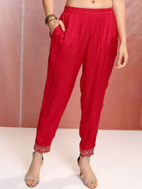 Vishudh Red Ethnic Motifs Embroidered Sequinned Straight Kurta With Trousers & Dupatta