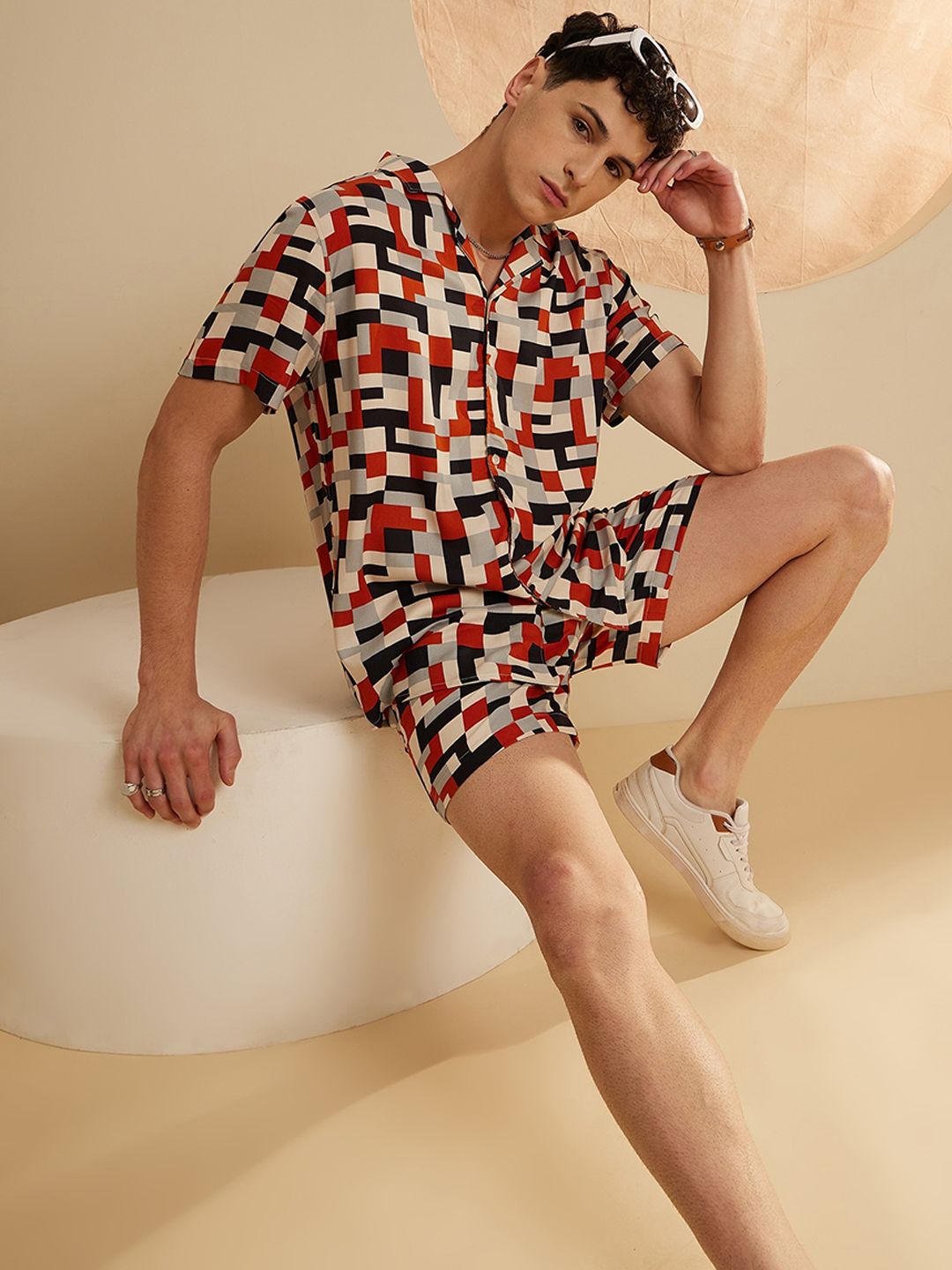 DENNISON The Vacay Mode Geometric Printed Shirt-Collar Shirt With Shorts