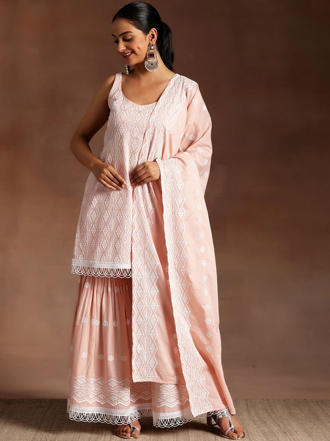 Libas Ethnic Motifs Embroidered Sequinned Pure Cotton Kurta with Sharara & Dupatta