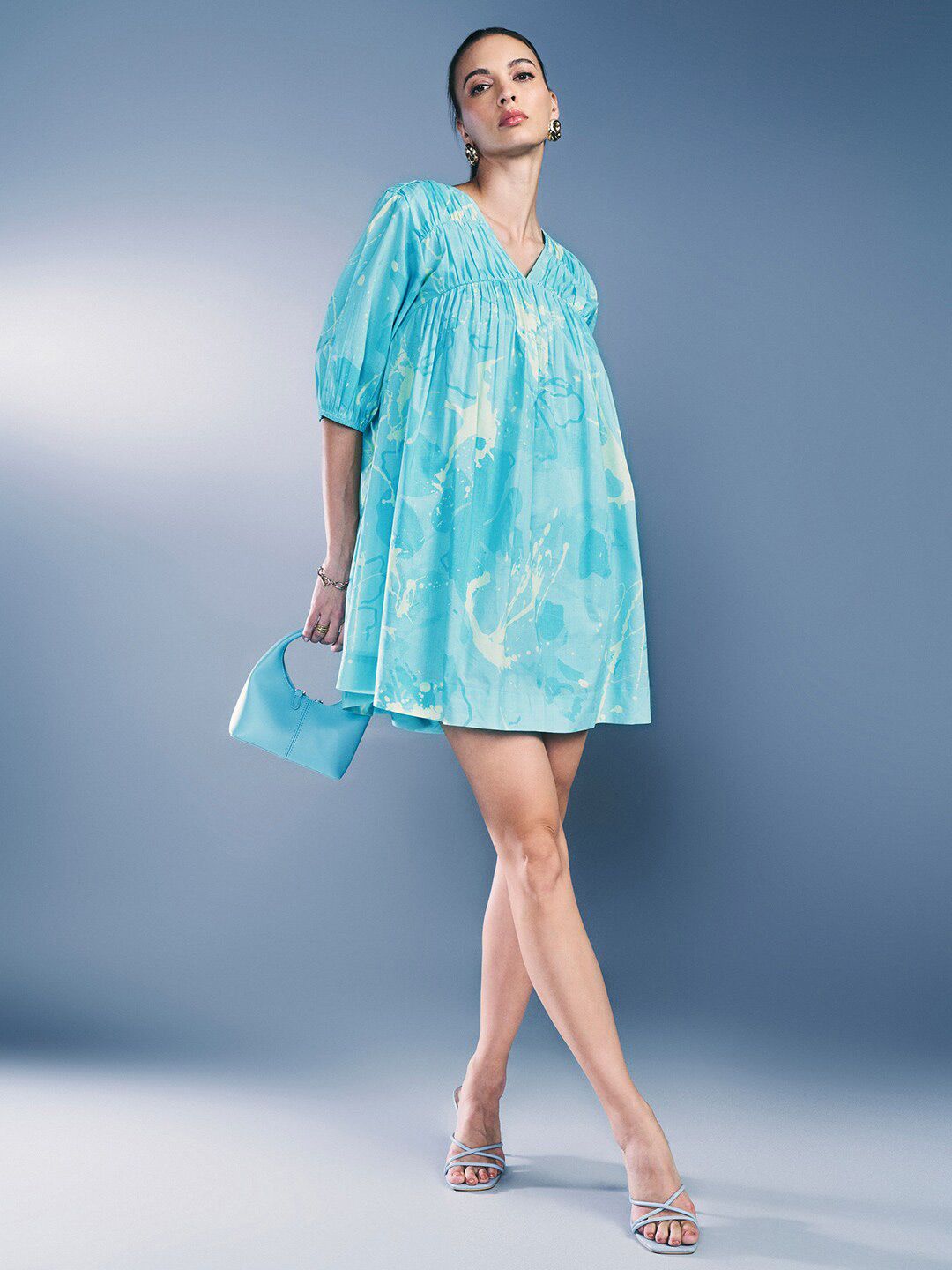 AND Floral Printed Puff Sleeve Pure Cotton A-Line Dress