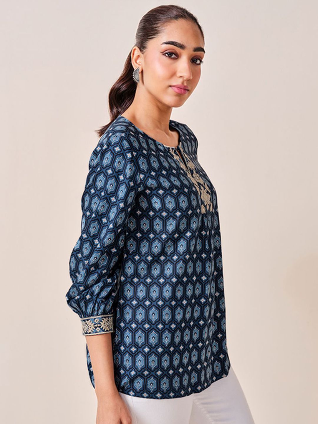 Global Desi viscose keyhole neck cuffed sleeves geometric printed A-Line Top