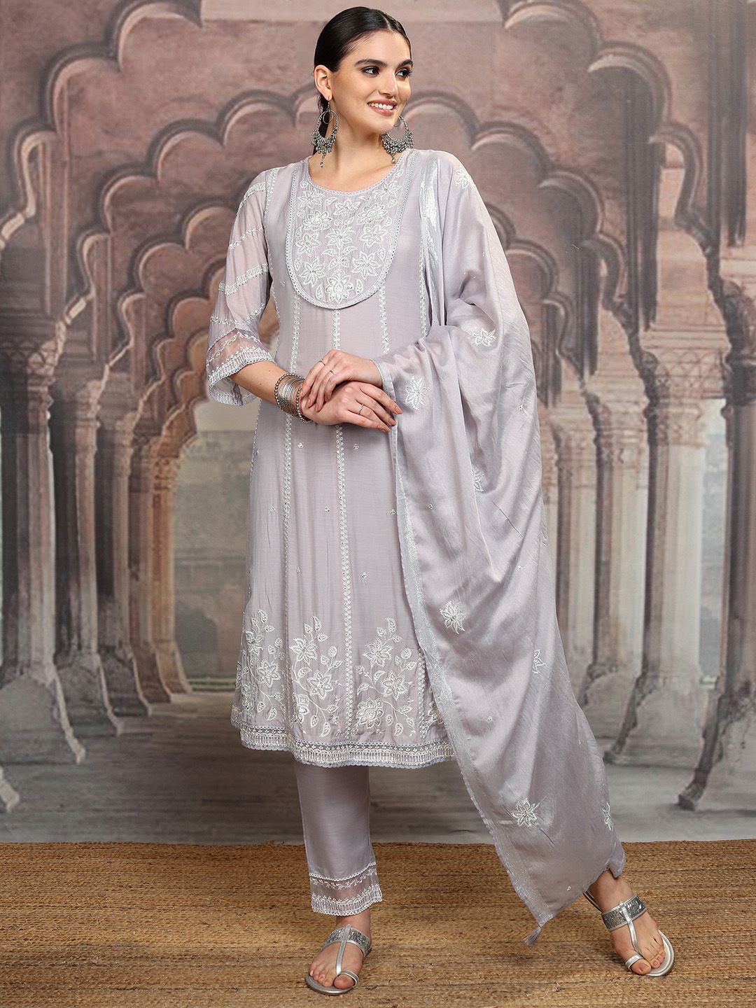 Vishudh Floral Embroidered Regular Kurta with Trouser & Dupatta