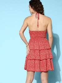 Berrylush Red & White Floral Halter Neck Crepe Ruffled Mini Dress