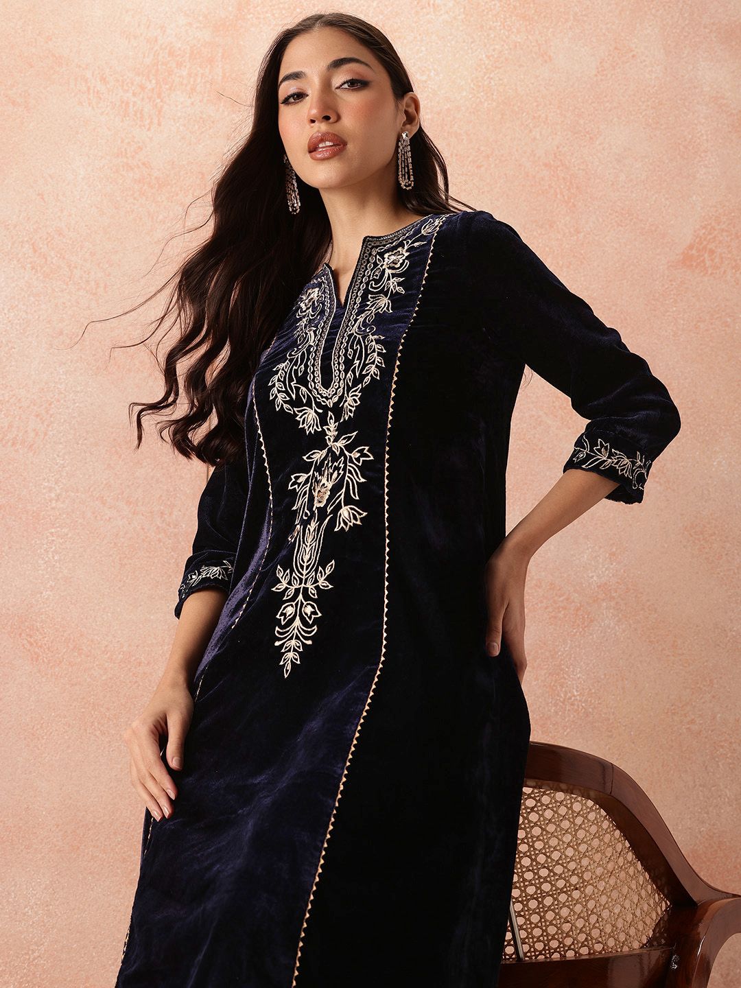 all about you Velvet Finish Floral Embroidered Gotta Patti Kurta with Trousers