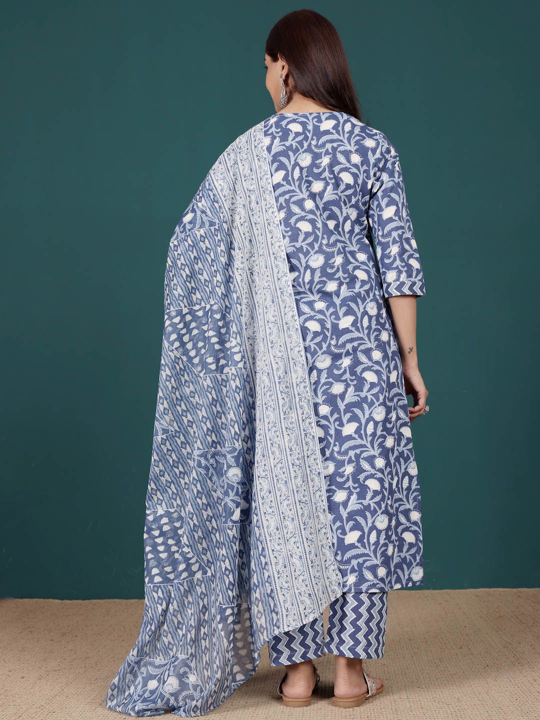 Varanga Floral Printed V-Neck Pure Cotton Straight Kurta With Trousers & Dupatta