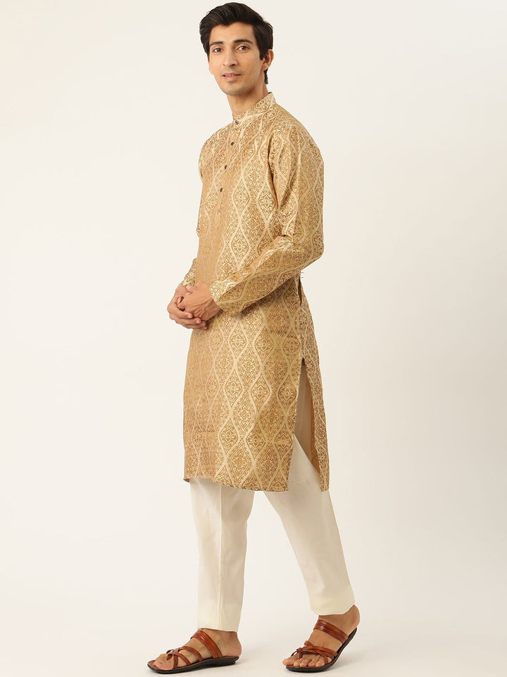 SOJANYA Set Kurta Motif Etnik Beige Lelaki Dengan Jaket Nehru