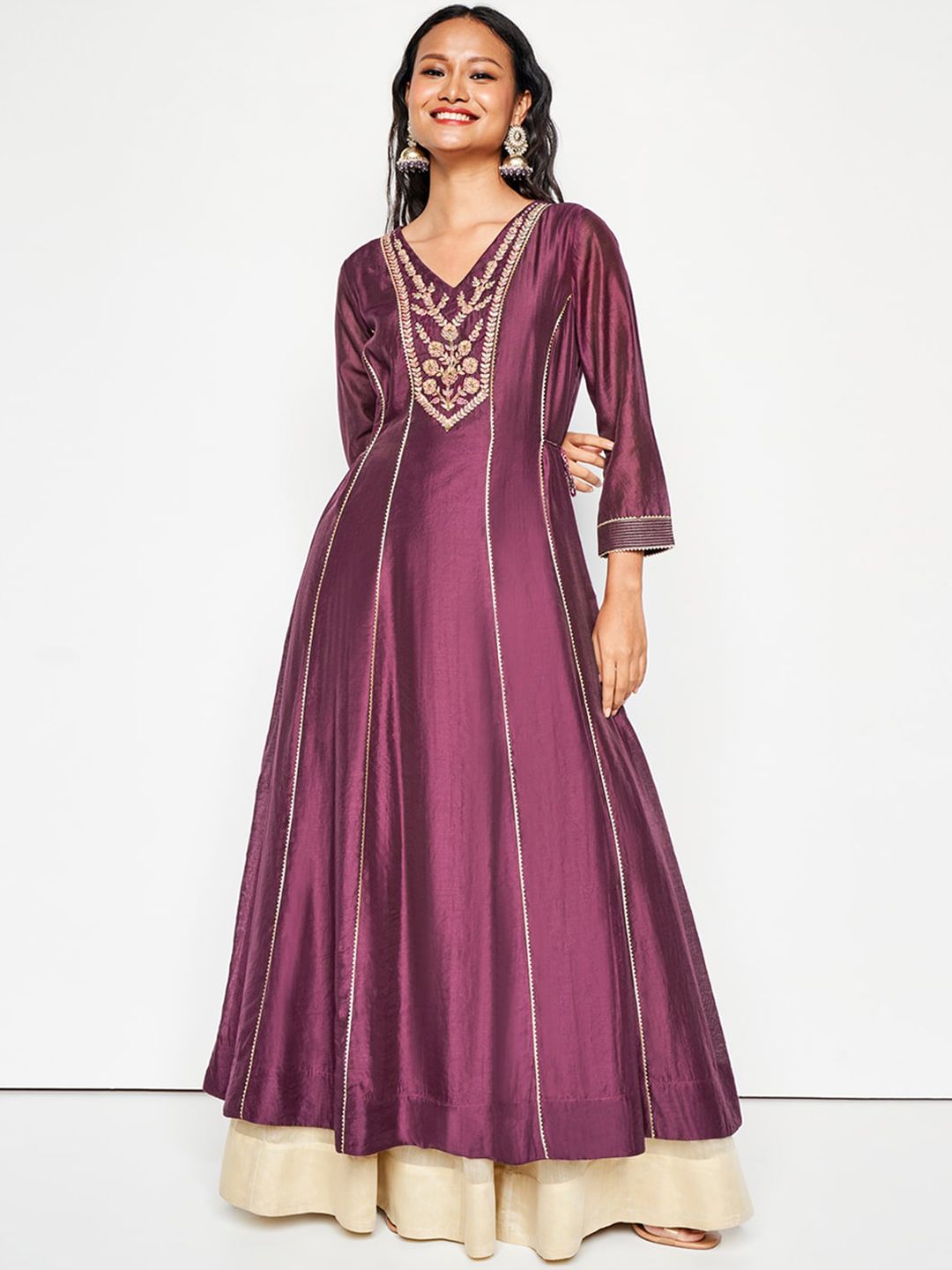 Global Desi V Neck Long Sleeves Ethnic Embroidered A Line Kurta