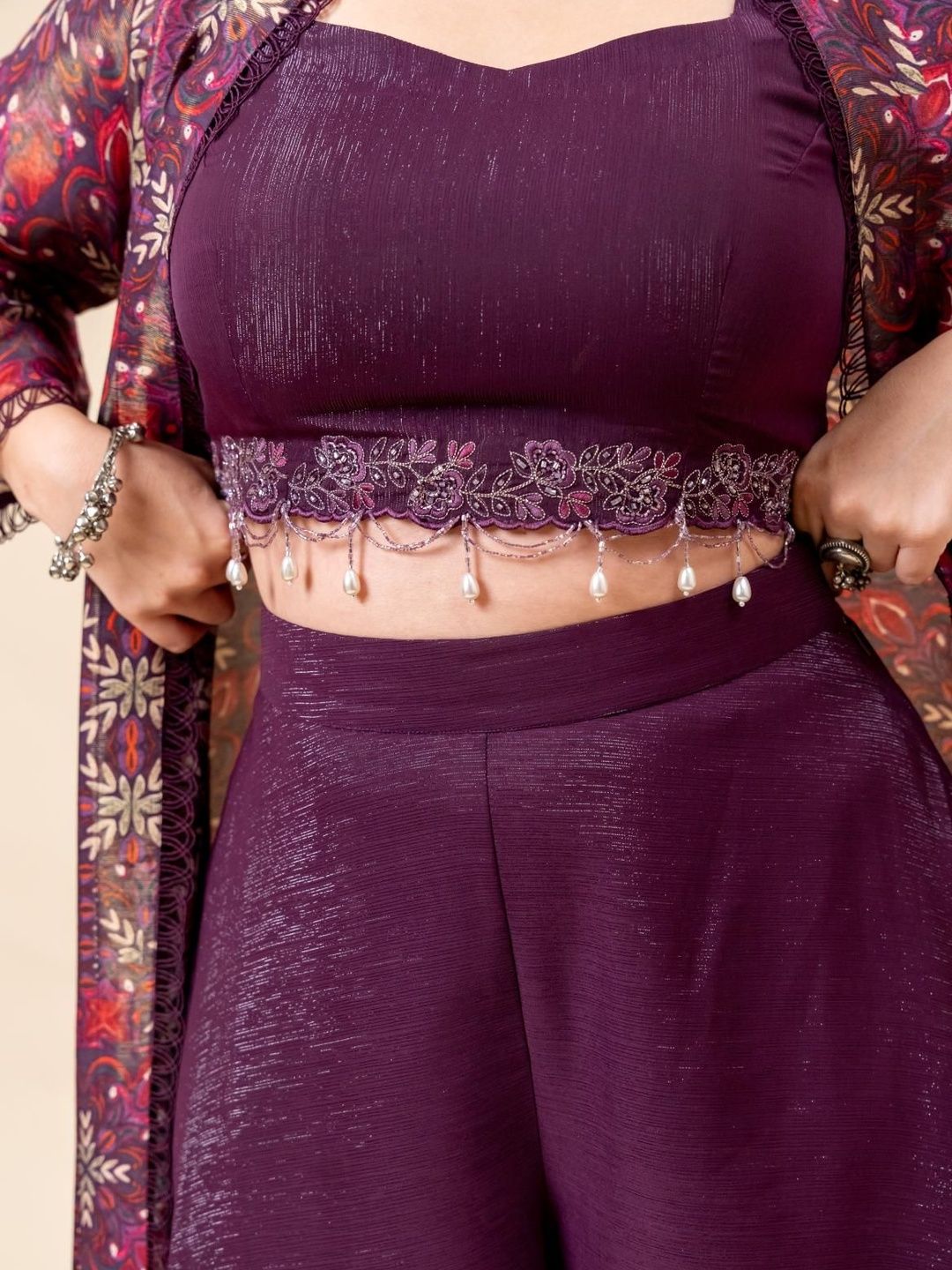 Mamicha Mehfil Printed V-Neck Crop Top With Cape & Palazzos Co-Ords Set