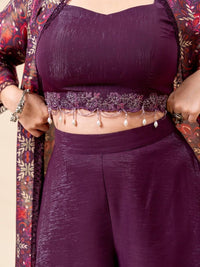 Mamicha Mehfil Printed V-Neck Crop Top With Cape & Palazzos Co-Ords Set