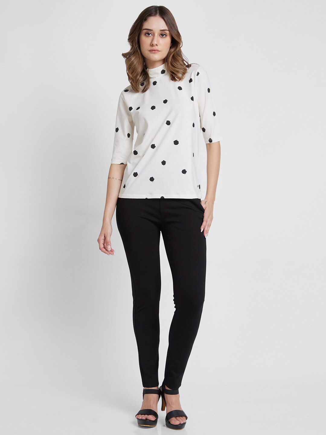 SPYKAR Polka Dots Printed High Neck Cotton Top