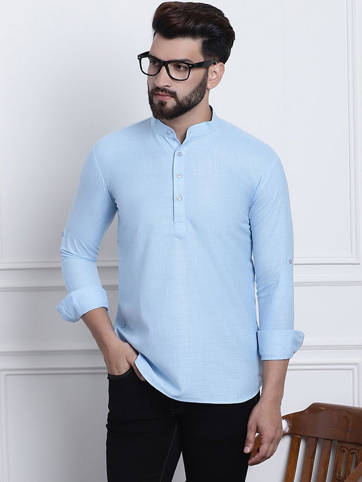 Anug by SOJANYA Men Blue Band Collar Kurta