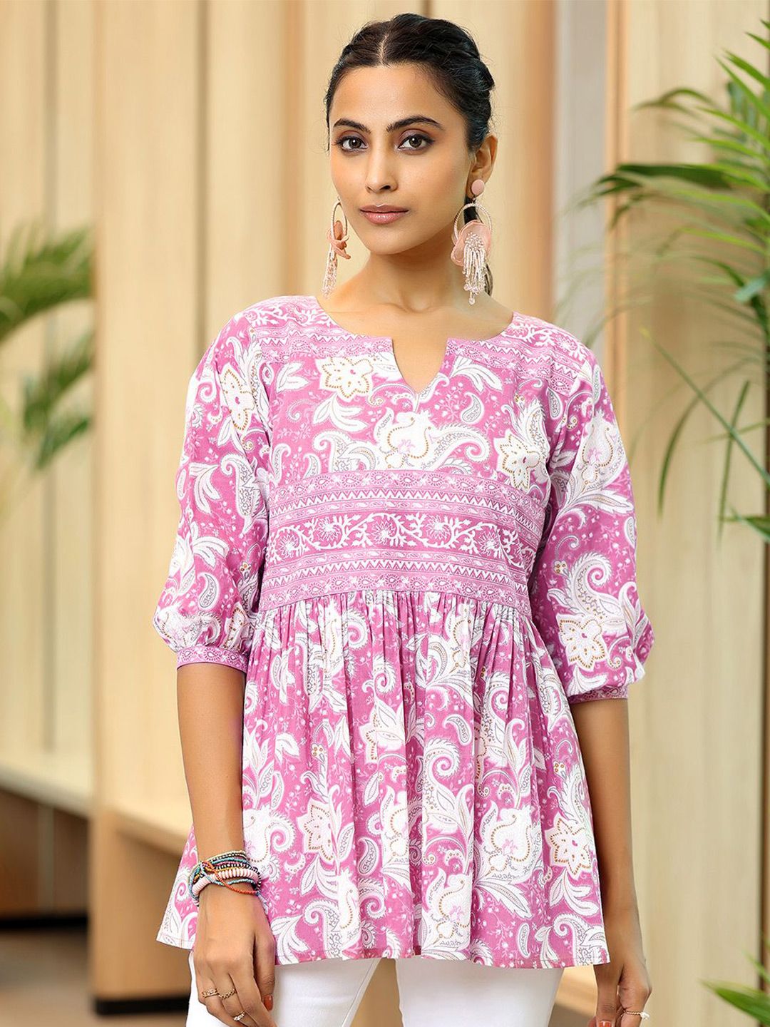 Libas Floral Printed Pure Cotton Pleated Anarkali Kurti