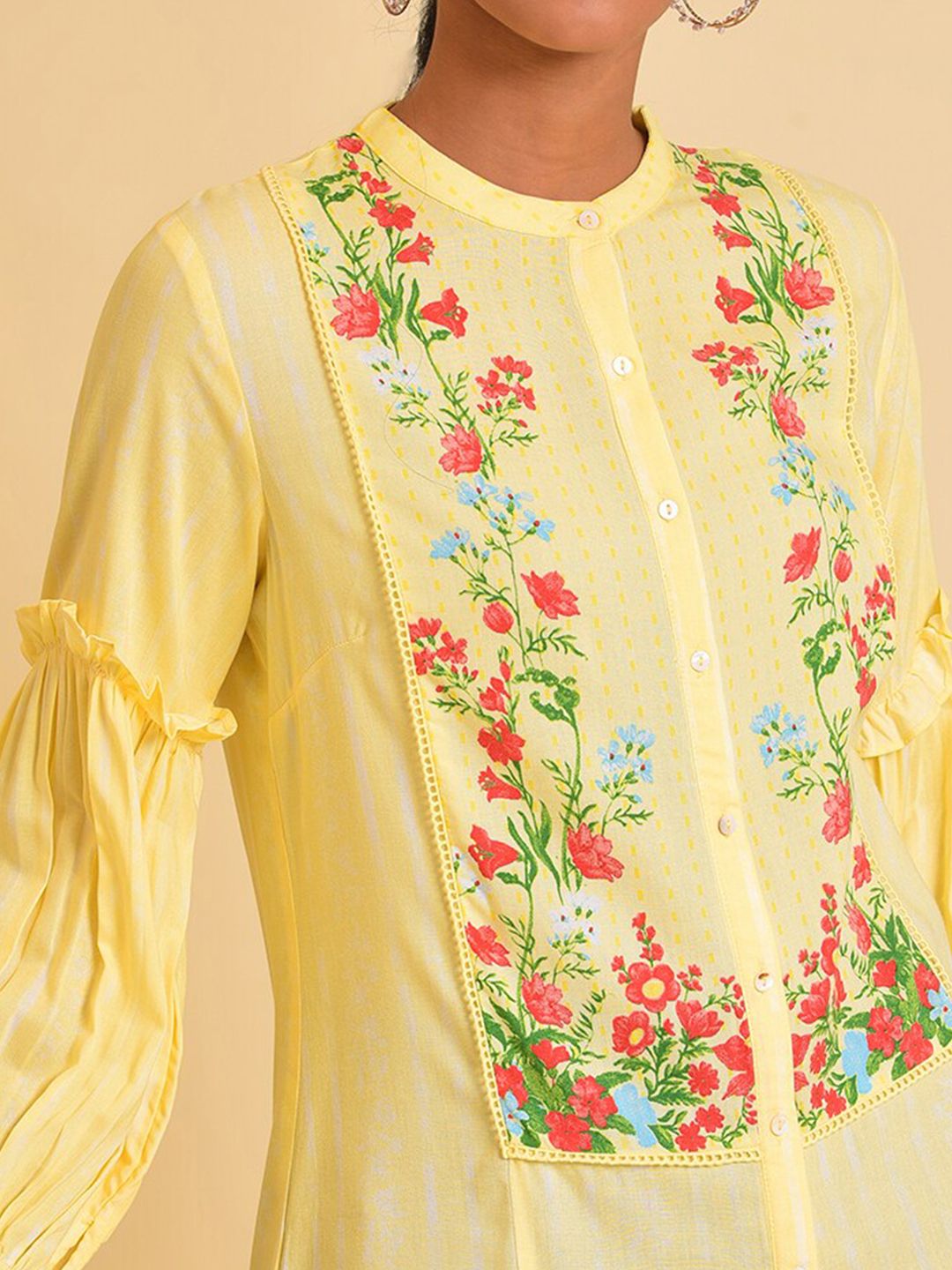 W Yellow & Red Floral Printed Mandarin Collar Shirt Style Longline Top