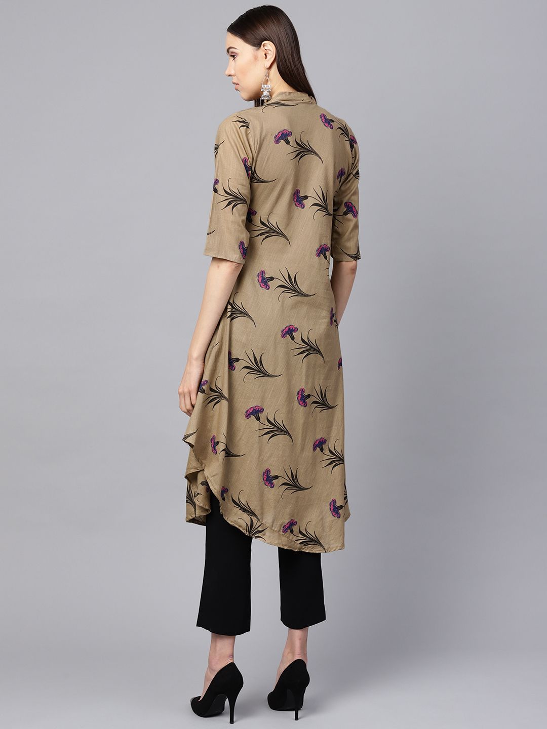 SOJANYA Women Taupe & Black Floral Printed A-Line Kurta